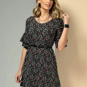 Vestido cinza chumbo com estampa floral